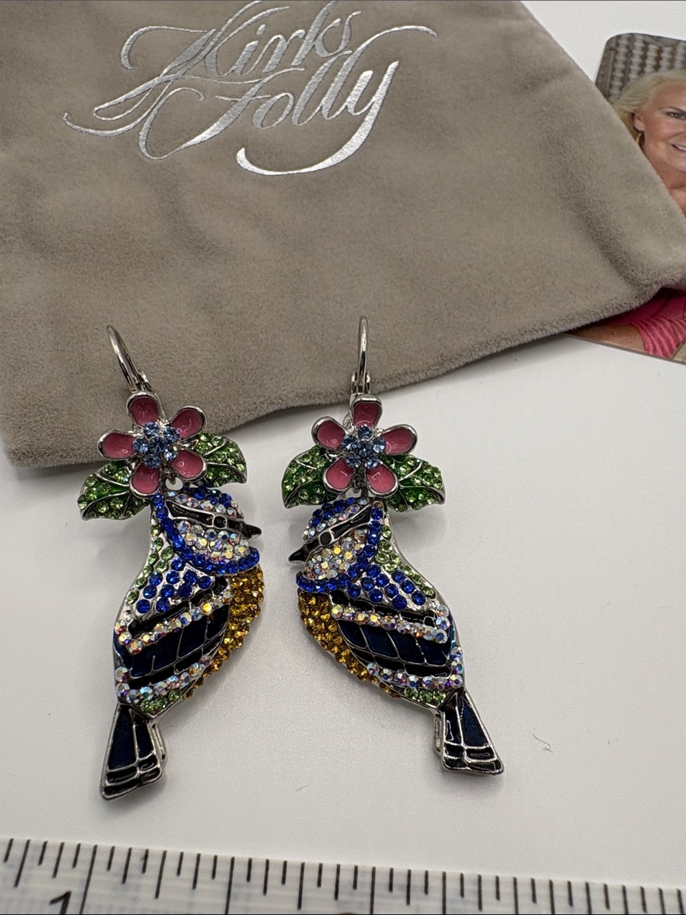 Kirks Folly Pink, Green, Blue & Yellow bird Crystal Earrings